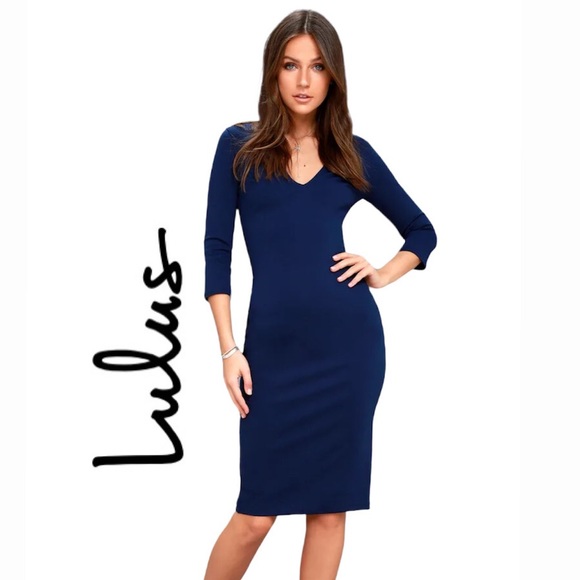 NWT Lulus Style and Slay Navy Blue Bodycon Midi Dress Three Quarter Sleeve
